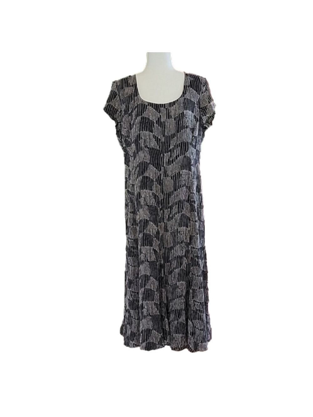 Jones New York 100% Silk Dress Cap Sleeve Black and Gray Fit/Flare Size 14 EUC